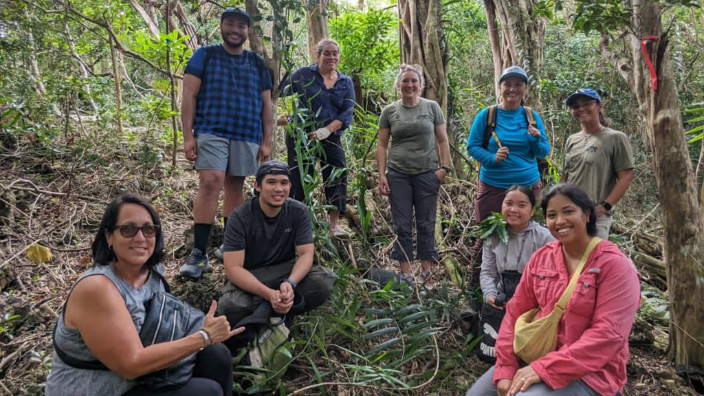 Haldre Rogers (standing at center) with her research team in Guam, which includes Zia Crytser and Christiana-Jo Quinata. Photo courtesy of Zia Crytser.