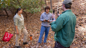 (From left) Ashleigh Kirker, Jesse Gutierrez, and John Morgan conduct training to collect data from water sources at McDonald Hollow. Photo by Lee Friesland for Virginia Tech.